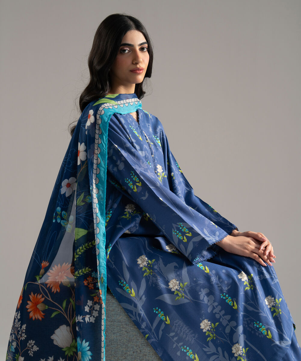 Women's RTW Viscose Raw Silk Printed Blue 3 Piece Suit