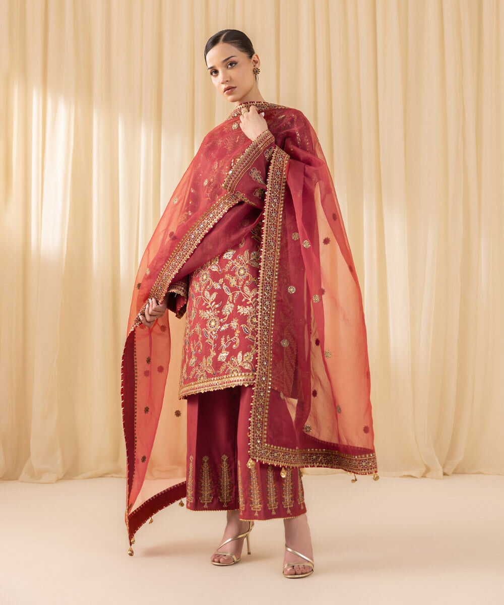 Women's Pret Raw Silk Embroidered Red 3 Piece Suit