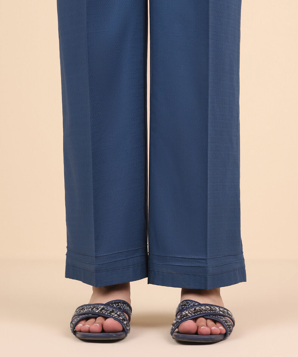 Women's Pret Dobby Blue Solid Straight Pants