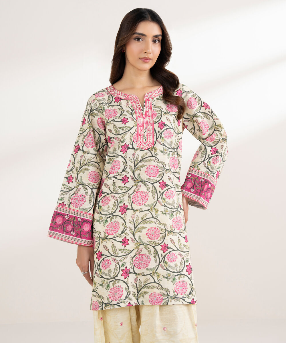 Women's RTW Khaddar Embroidered Straight Pale Yellow Shirt