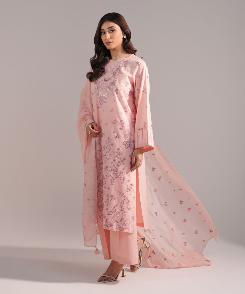 Women's RTW Cambric Embroidered Pink 3 Piece Suit