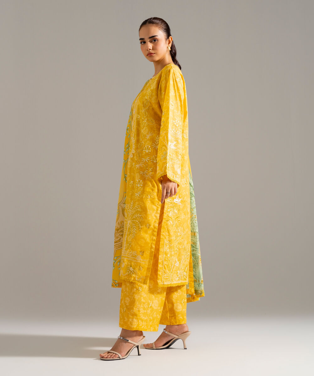 Women's RTW Lawn Embroidered Yellow 3 Piece Suit