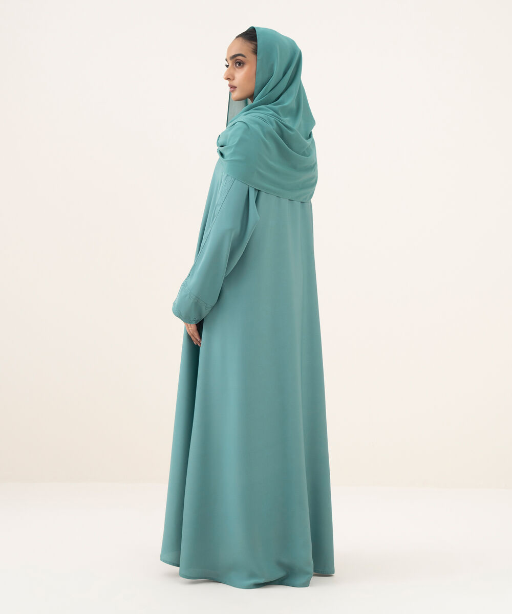 Women's turquoise button through Abaya with embroidery