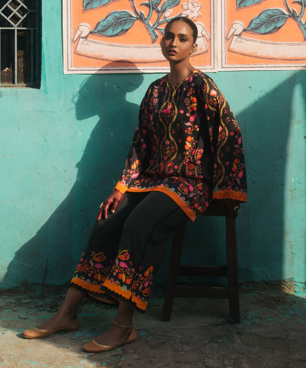 Women's RTW Blended Satin Printed Black 2 Piece Suit