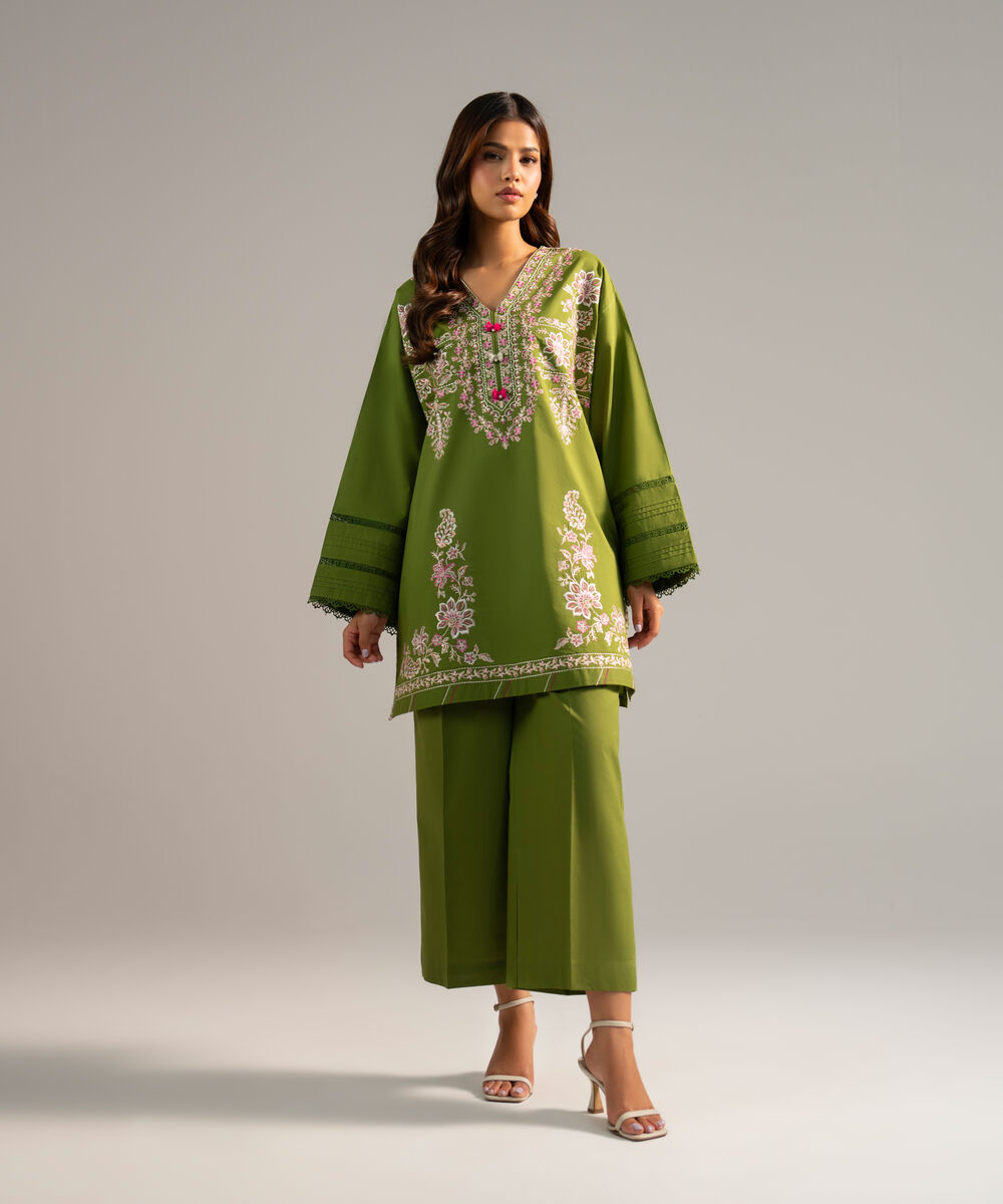 Women's RTW Lawn Embroidered Green Drop Shoulder Shirt