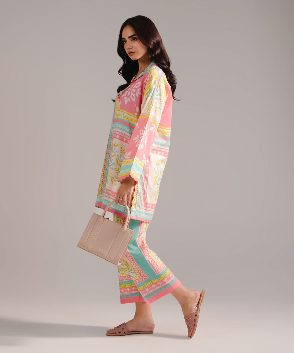 Women's RTW Cambric Printed Pink Drop Shoulder Shirt