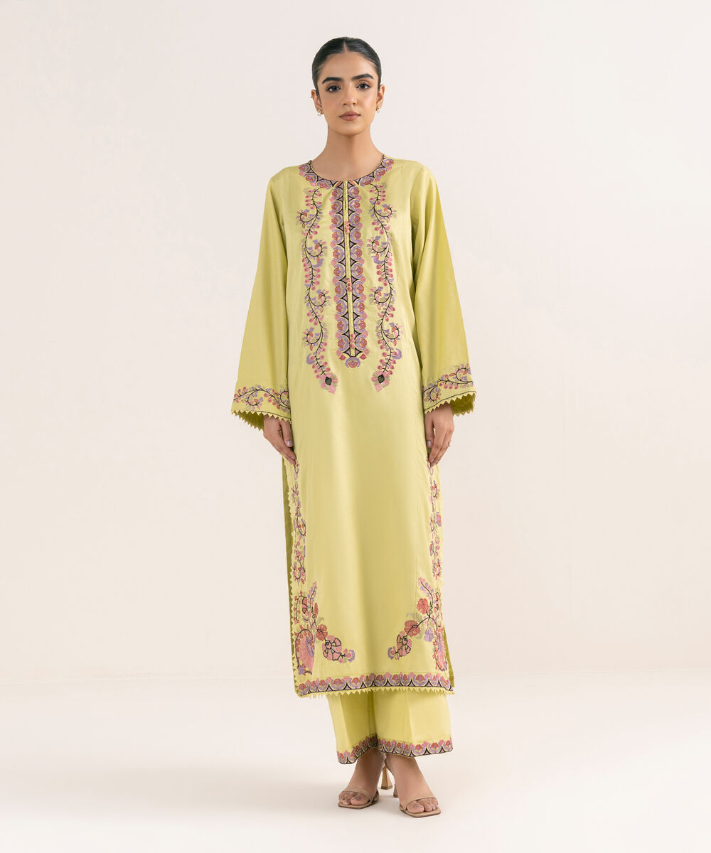 Women's RTW Cotton Satin Yellow Embroidered A-Line Shirt