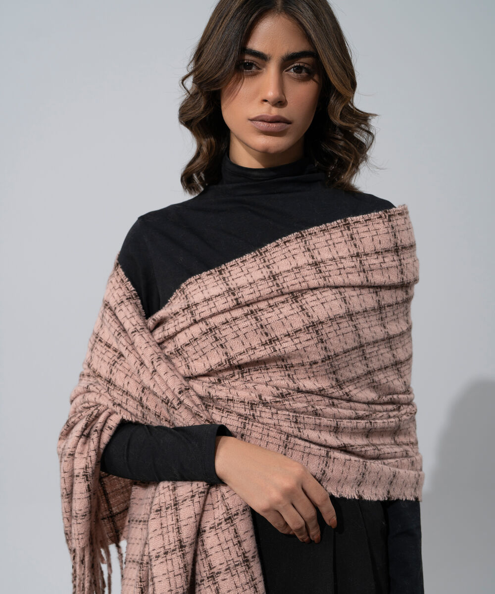 Women's Western Wear Pink Polyester Checkered Woolen Scarf