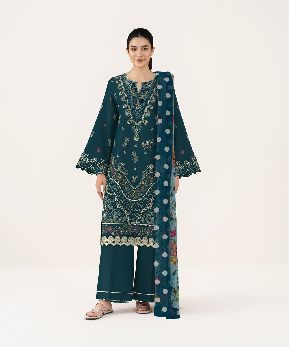 Women's Unstitched Self Jacquard Teal Blue Embroidered 3 Piece Suit