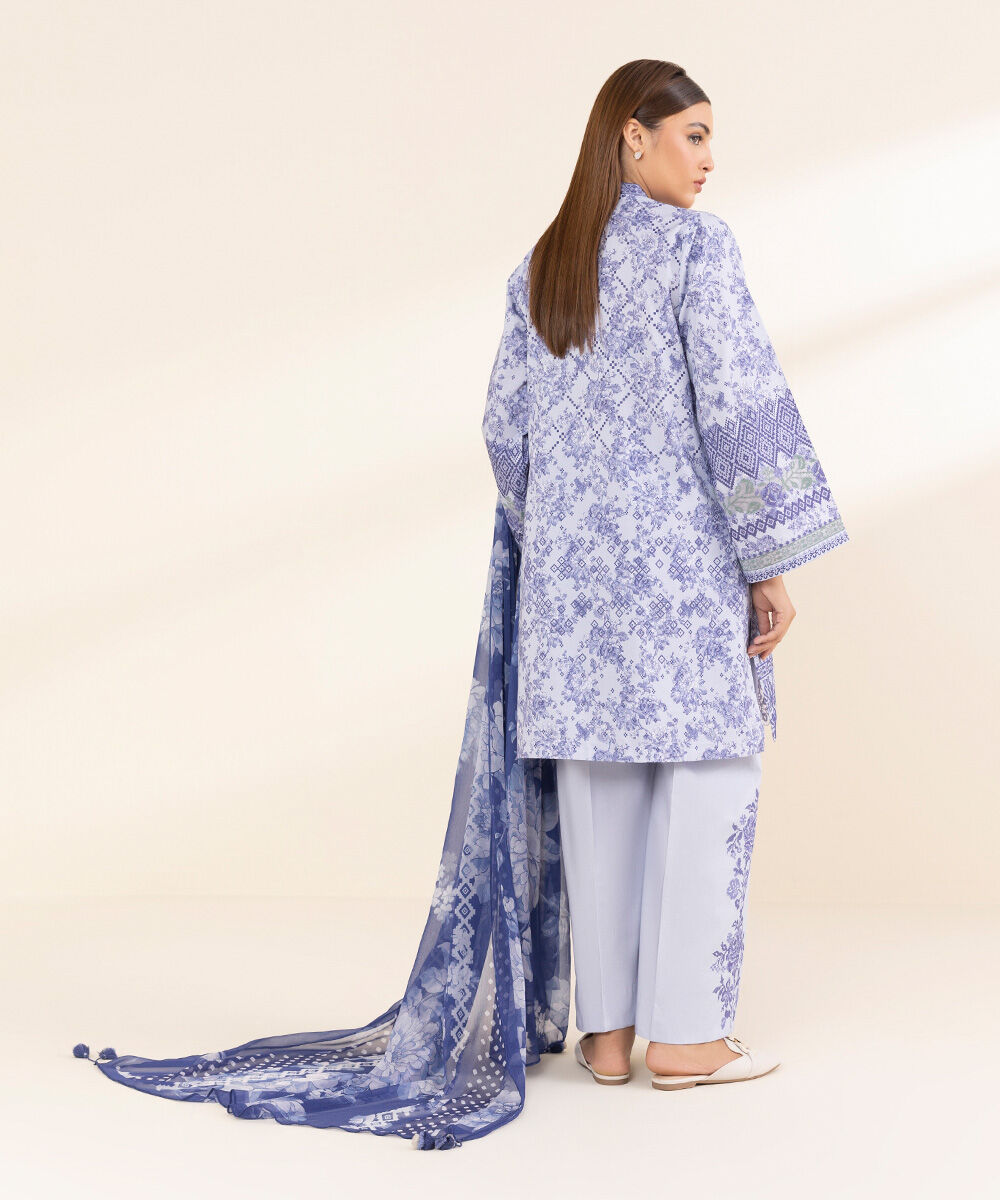 Women's Unstitched Blue Lawn 3 Piece Suit
