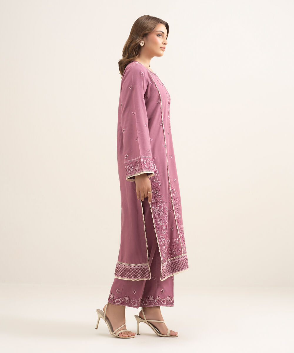 Women's RTW Dobby Embroidered Pink A-Line Shirt