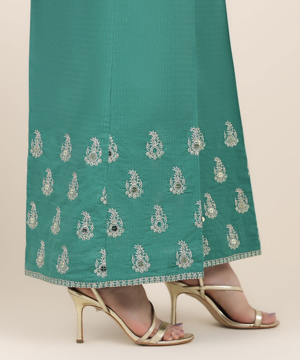 Women's RTW Textured Cotton Green Embroidered Culottes