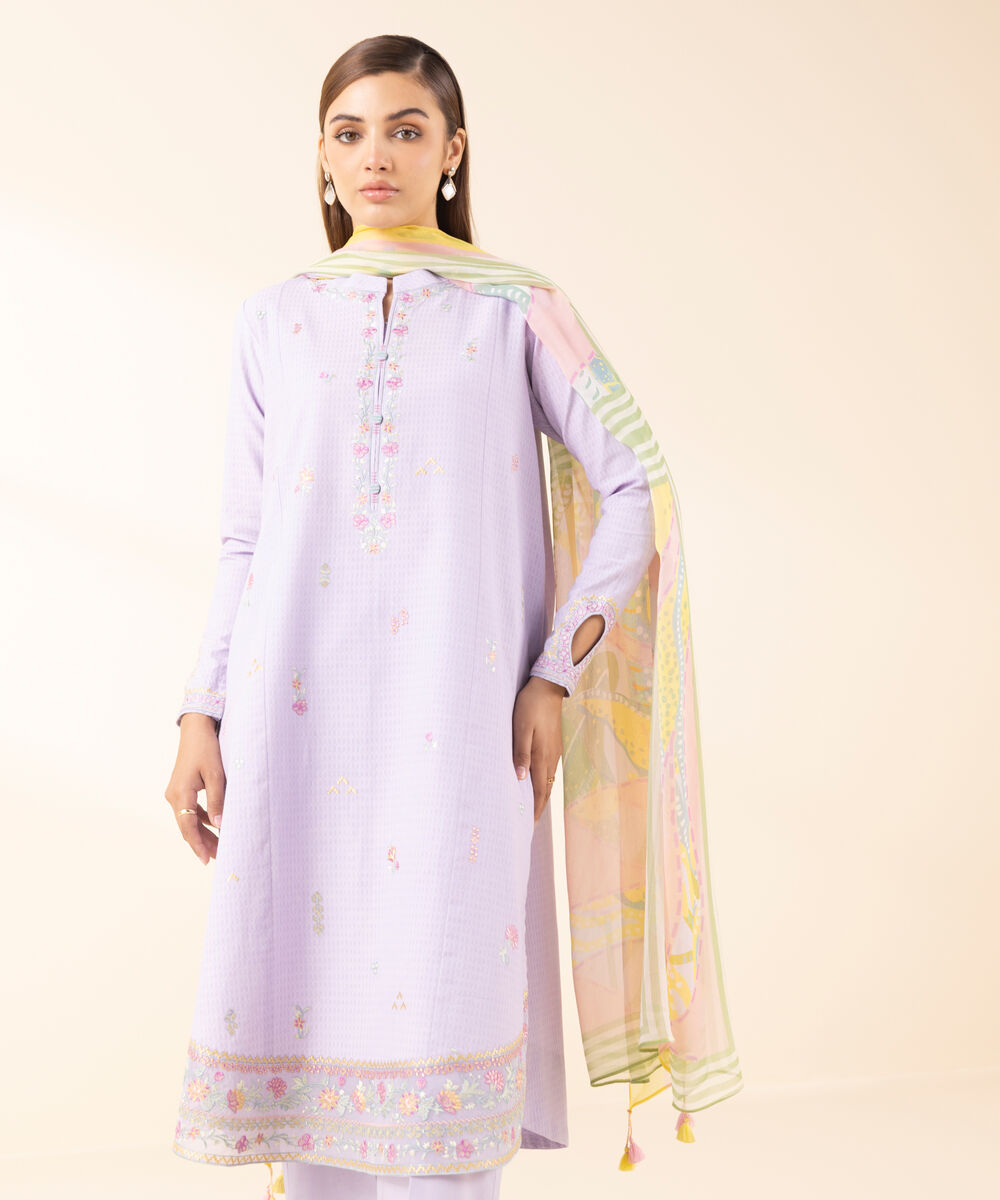 Women's Unstitched Dobby Embroidered Purple 3 Piece Suit