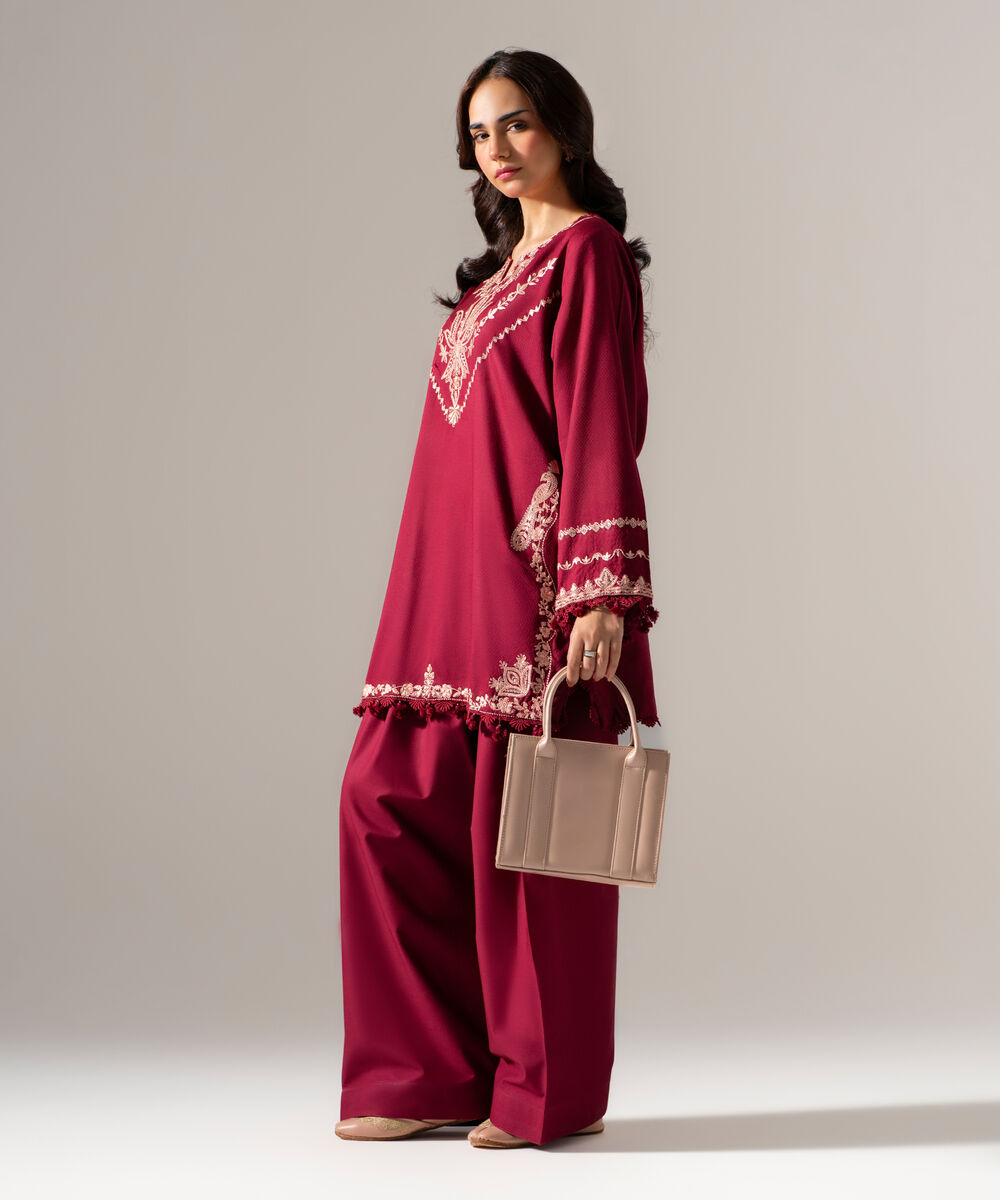 Women's RTW Dobby Solid Embroidered Maroon Straight Shirt