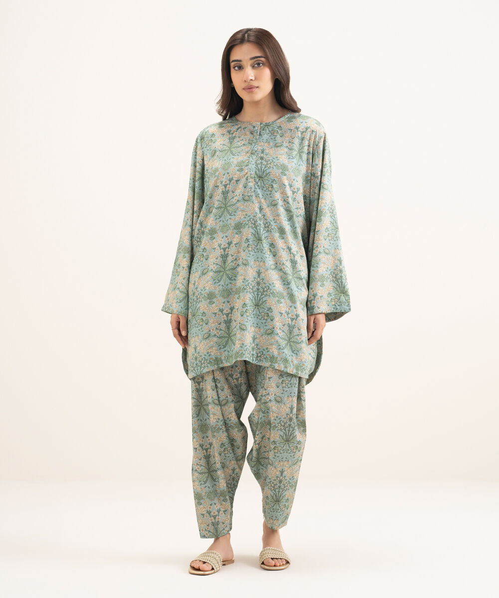 Women's RTW Arabic Lawn Printed Blue Straight Shirt