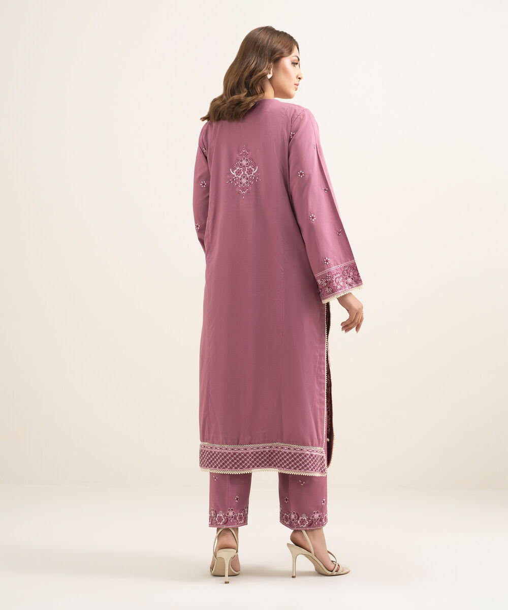 Women's RTW Dobby Embroidered Pink A-Line Shirt