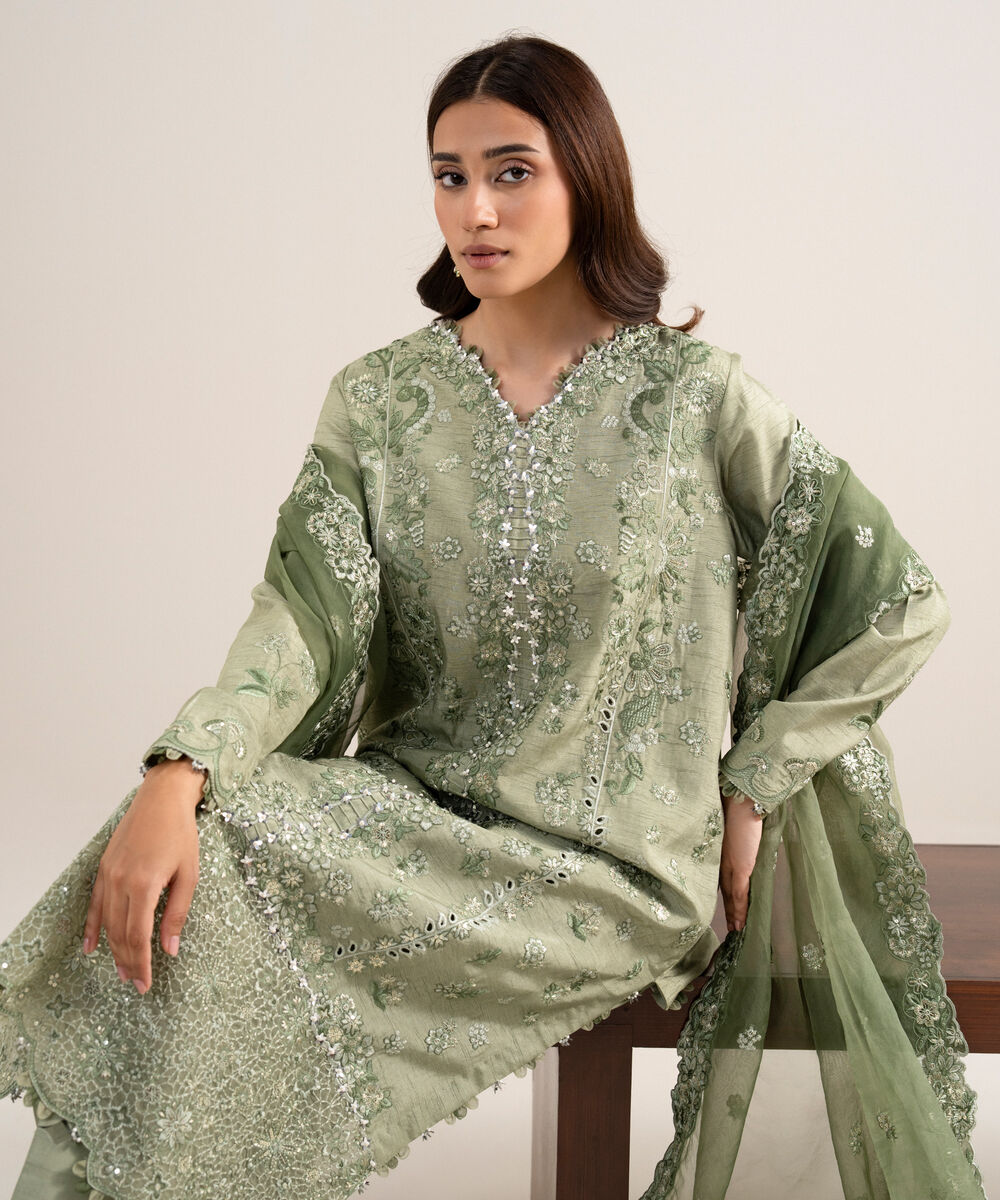 Women's Unstitched Embroidered Viscose Raw Silk Green 3 Piece Suit