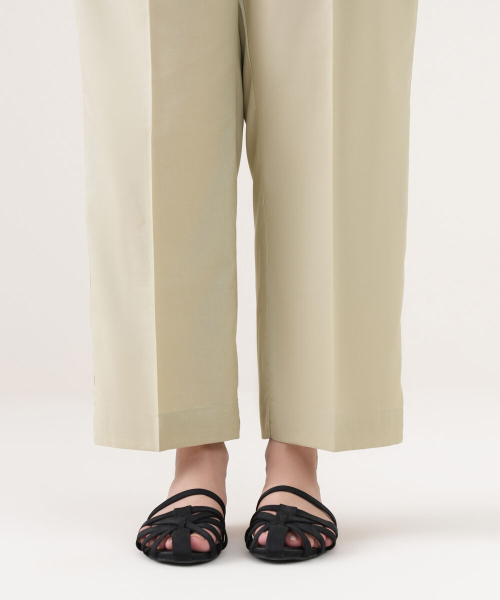 Women's RTW Cotton Viscose Solid Beige Straight Pants