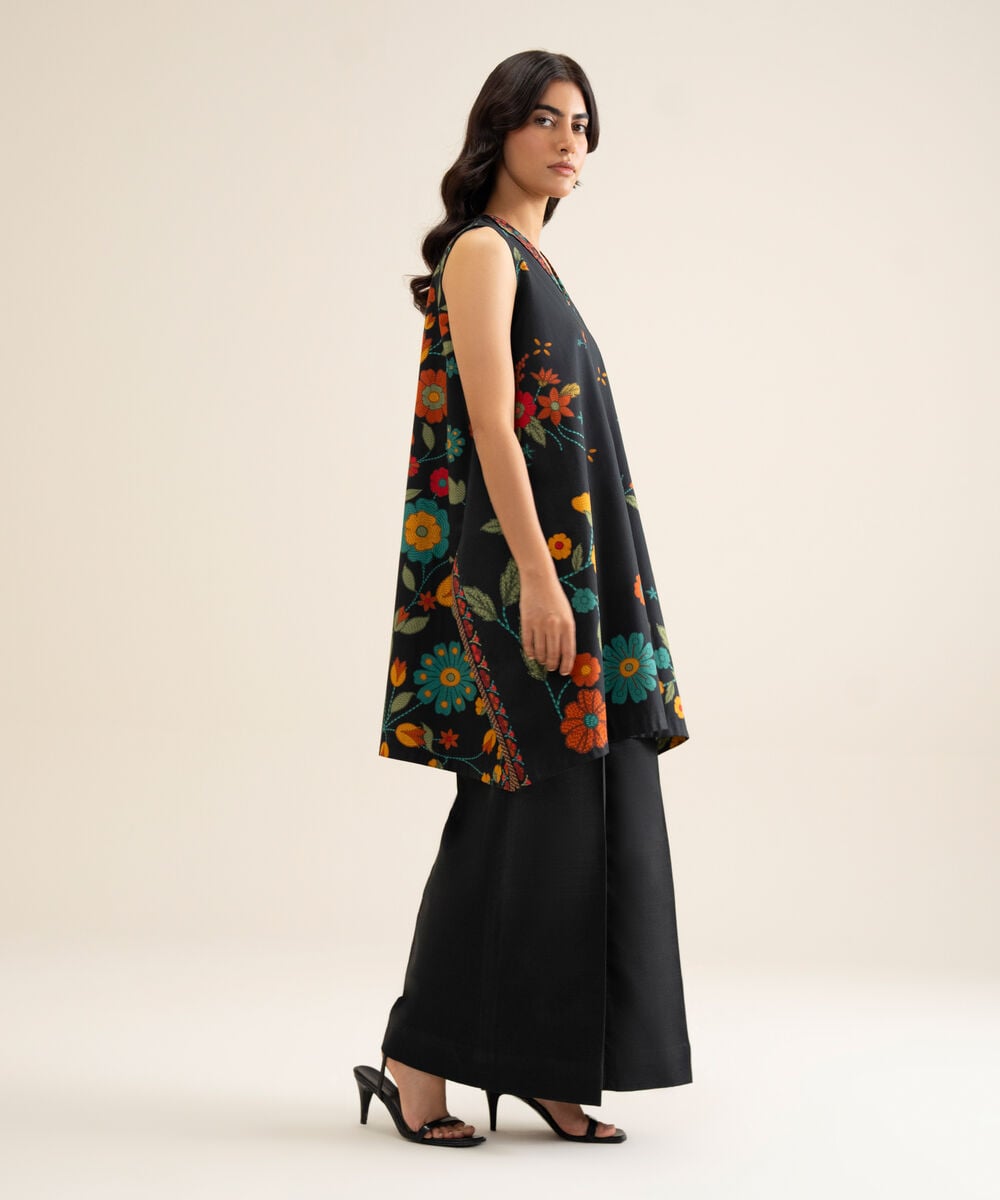 Women's Unstitched Cotton Printed Black 2 Piece Suit