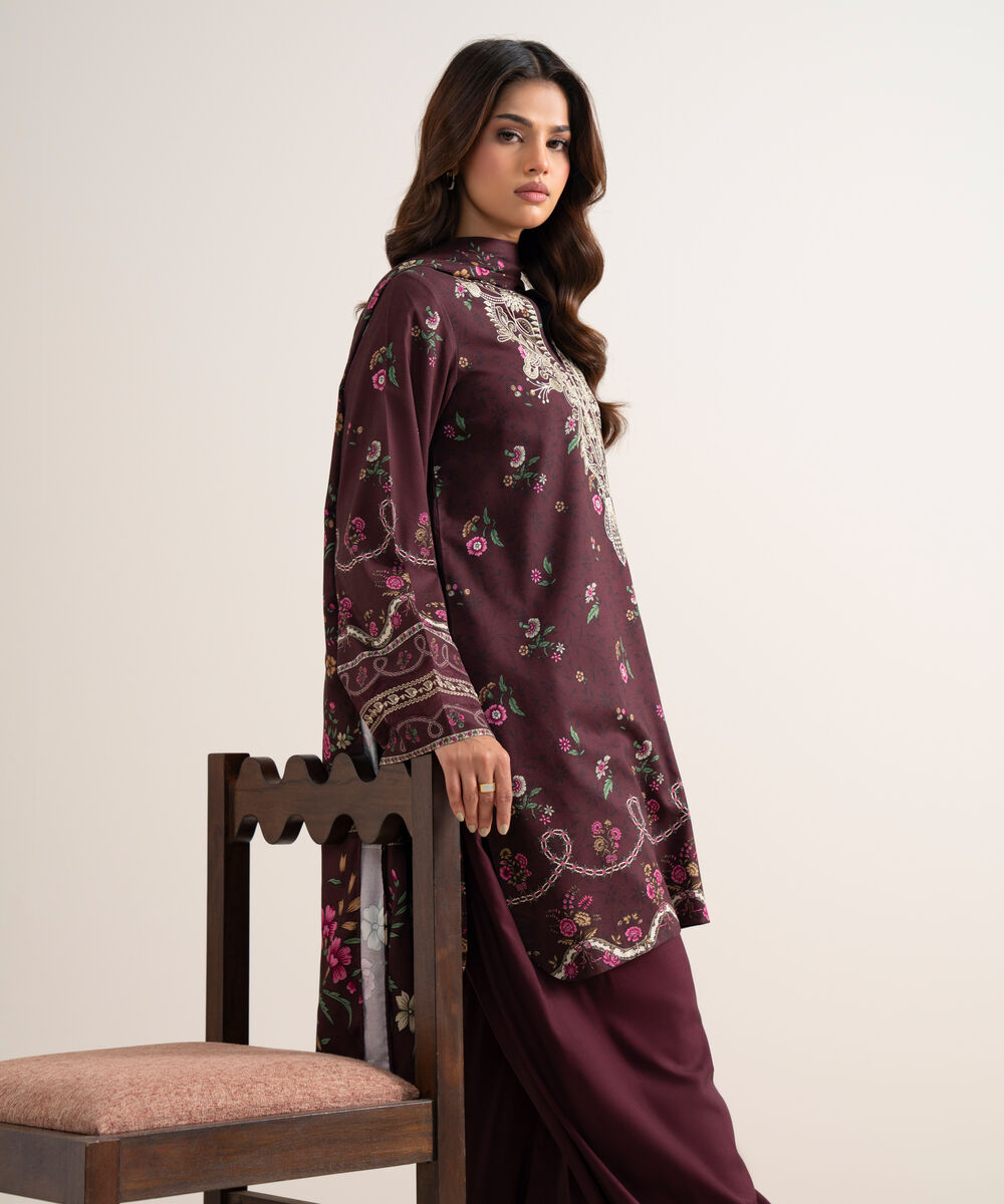 Women's Unstitched Printed Cotton Viscose Maroon 3 Piece Suit