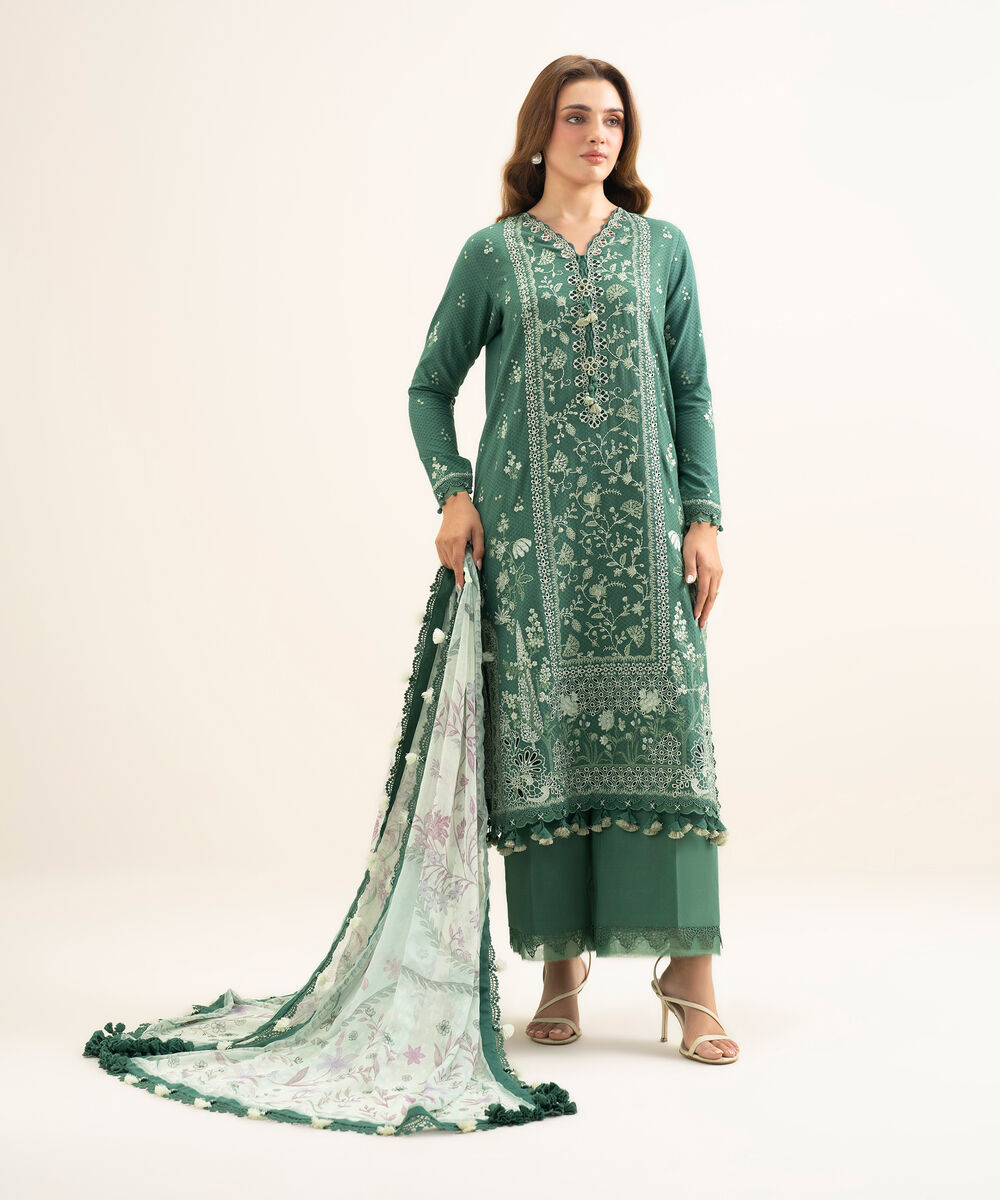 Women's Unstitched Dobby Embroidered Green 3 Piece Suit