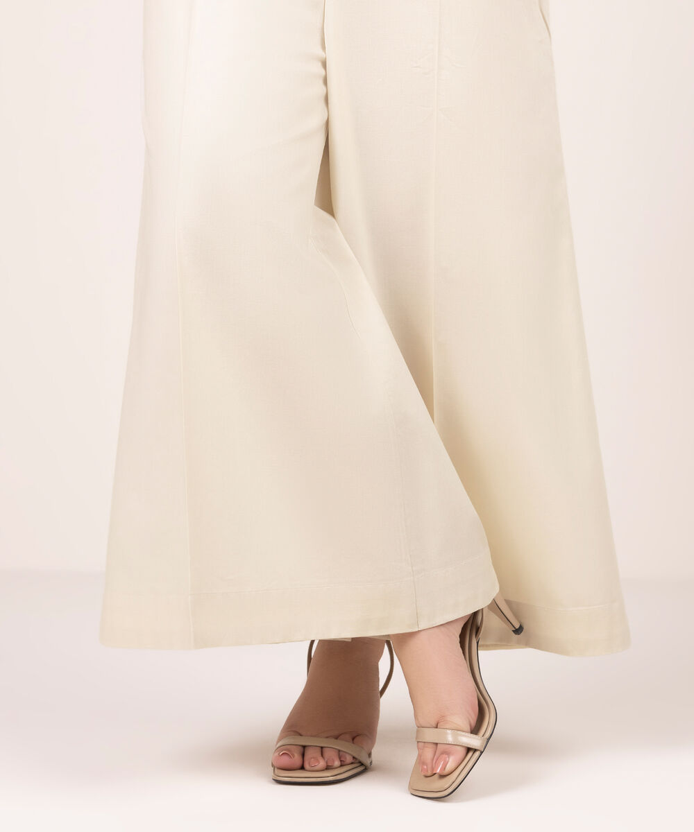 Women's RTW Lawn Solid Off White Flared Pants