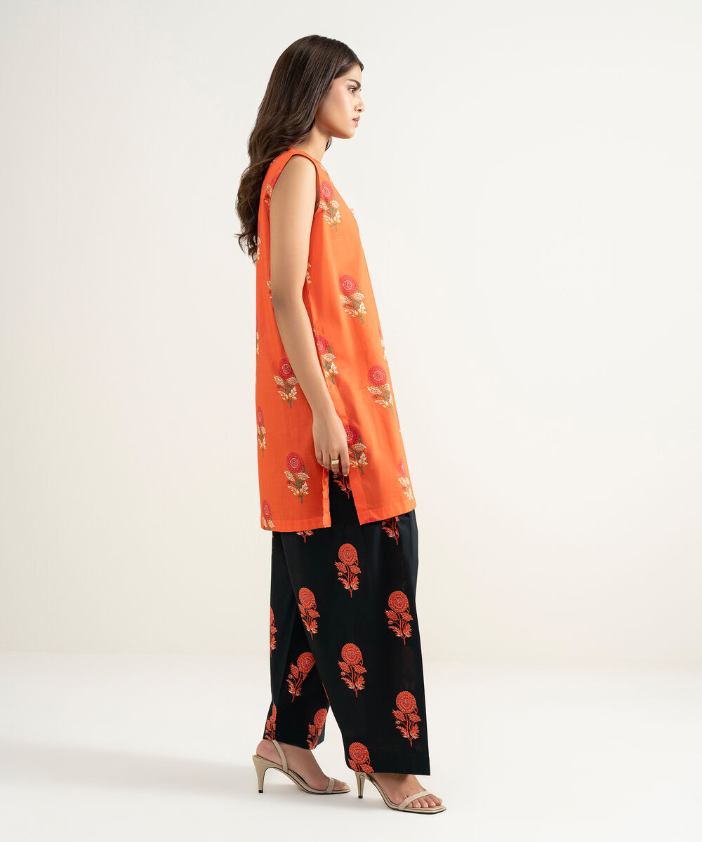 Women's RTW Lawn Printed Orange Straight Shirt