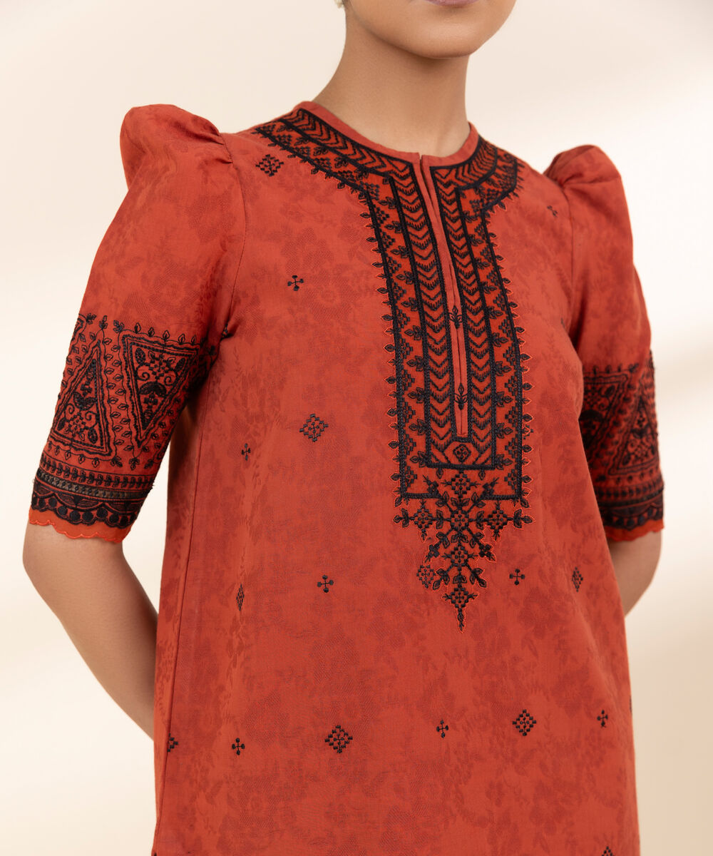 Women's Unstitched Cotton Jacquard Embroidered Red 3 Piece Suit