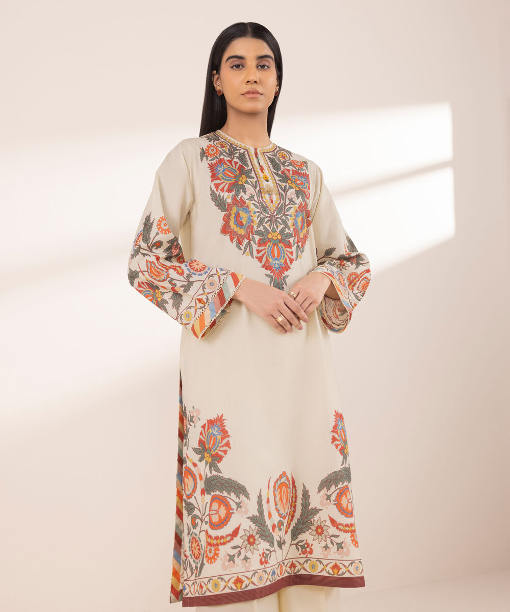 Women's RTW Zari Lawn Beige Printed Boxy Shirt