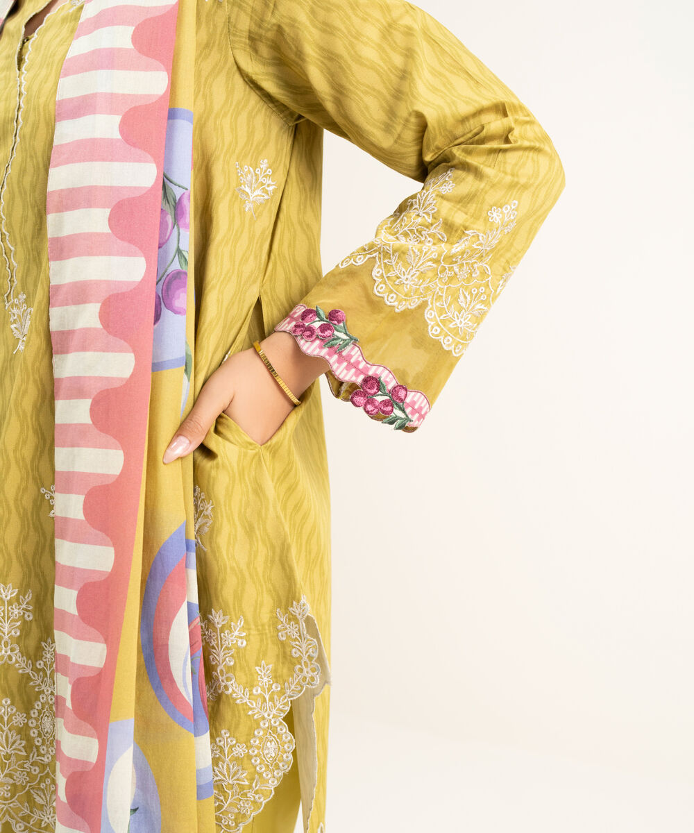 Women's Unstitched Lawn Yellow Embroidered 3 Piece Suit