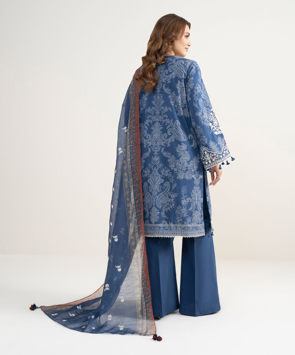 Women's Unstitched Lawn Embroidered Blue 3 Piece Suit