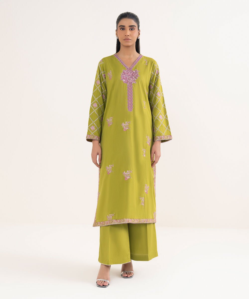 Women's RTW Cotton Viscose Embroidered Green A-Line Shirt