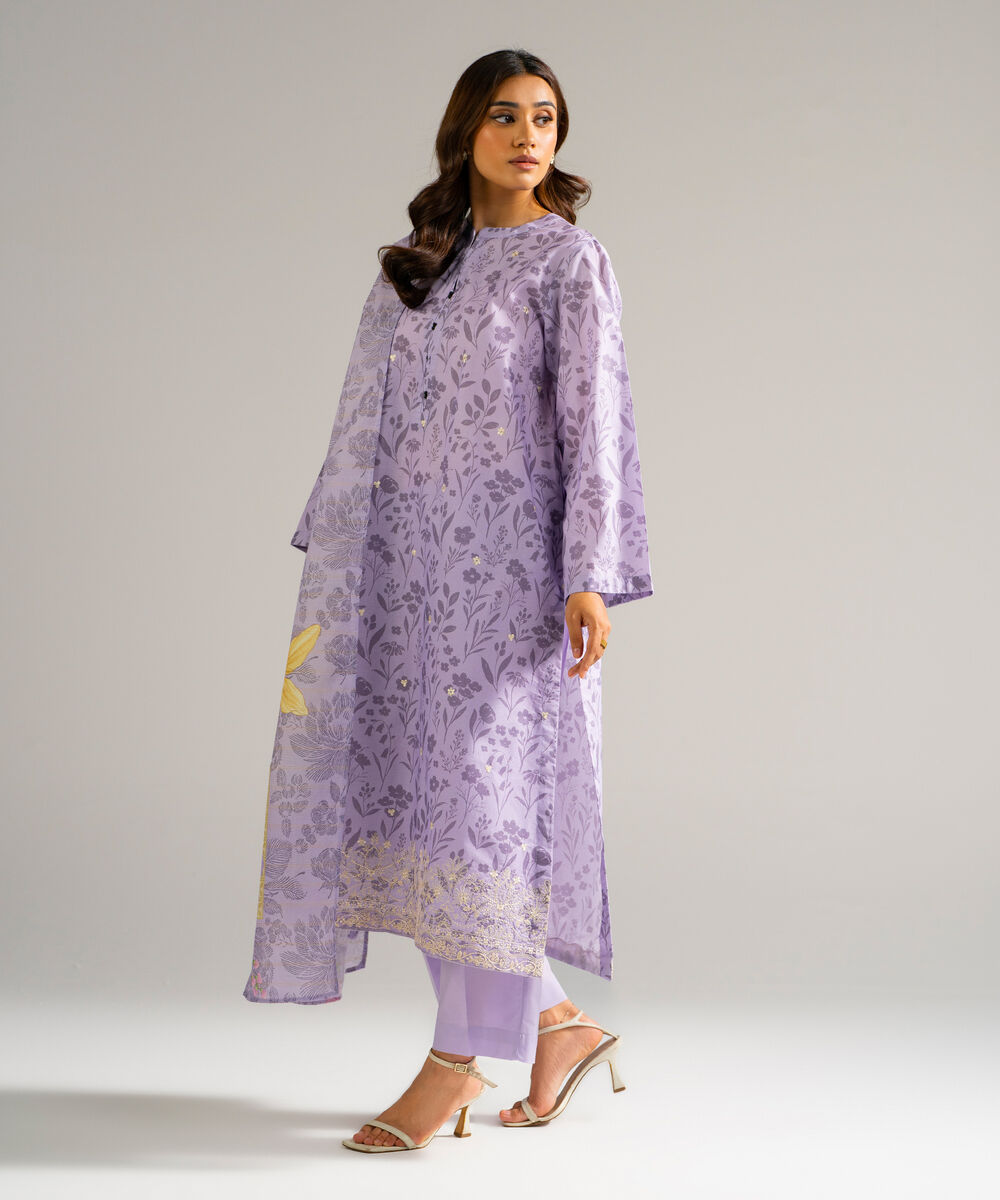 Women's RTW Zari Lawn Embroidered Purple 3 Piece Suit