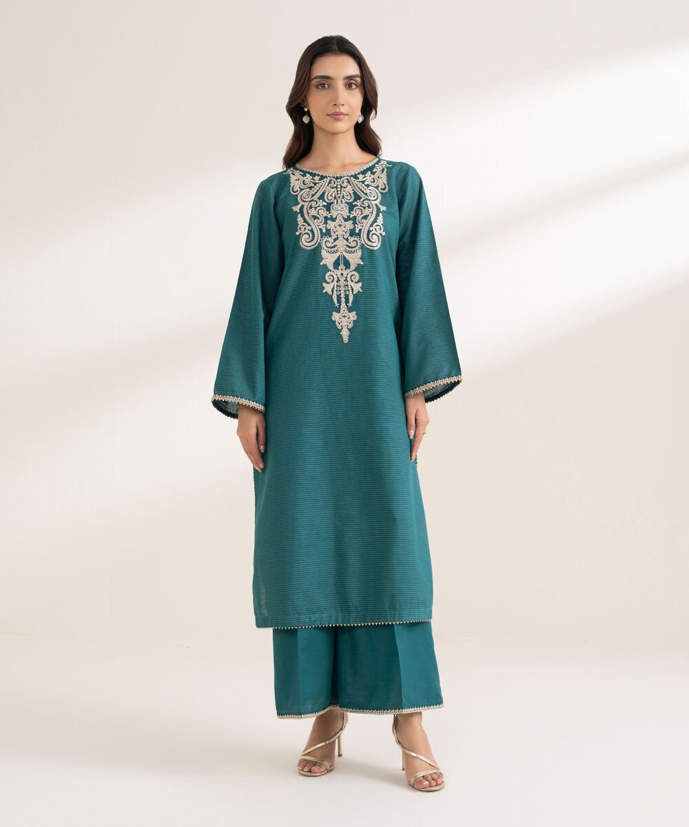 Women's RTW Zari Cotton Embroidered A-Line Teal Shirt