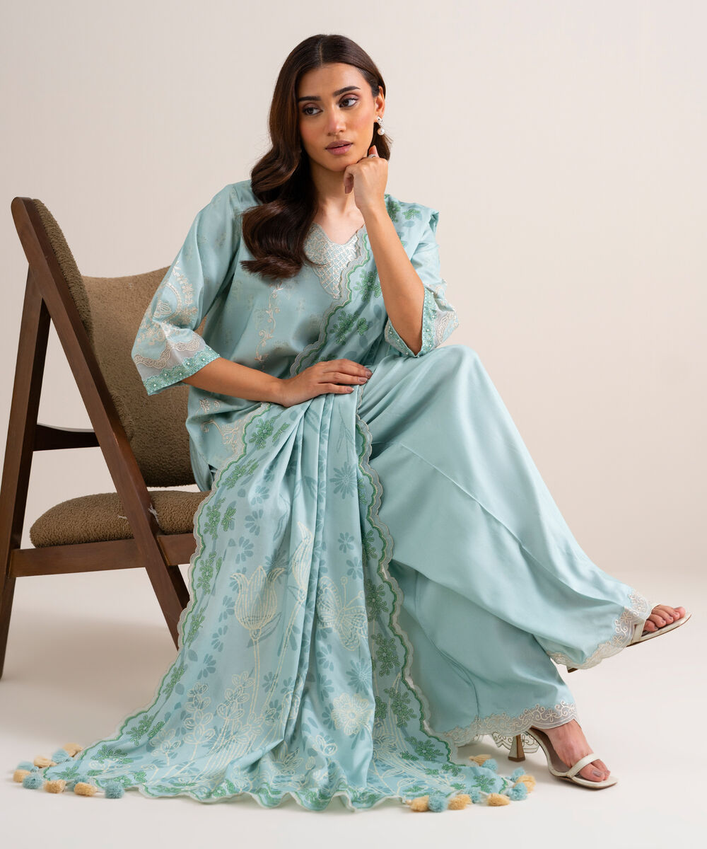 Women's Unstitched Embroidered Linen Light Aqua 3 Piece Suit