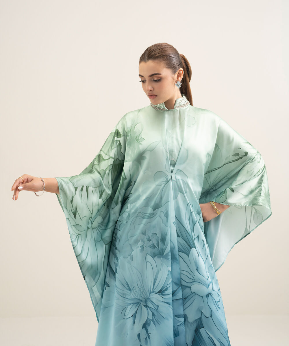 Women's RTW Blended Satin Printed Blue 2 Piece Suit