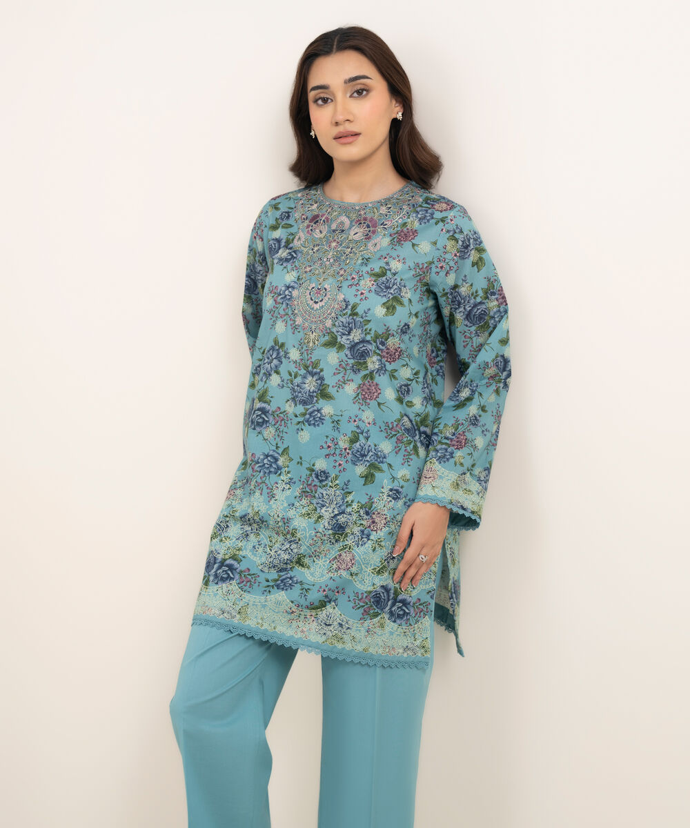 Women's RTW Lawn Embroidered Blue Straight Shirt