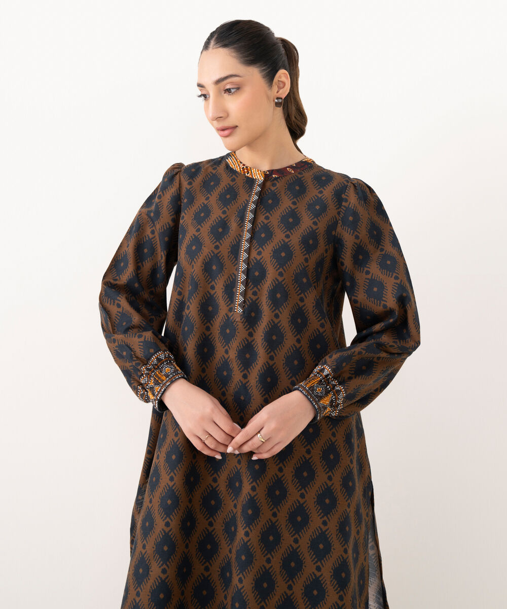 Women's RTW Cotton Printed Brown A-Line Shirt