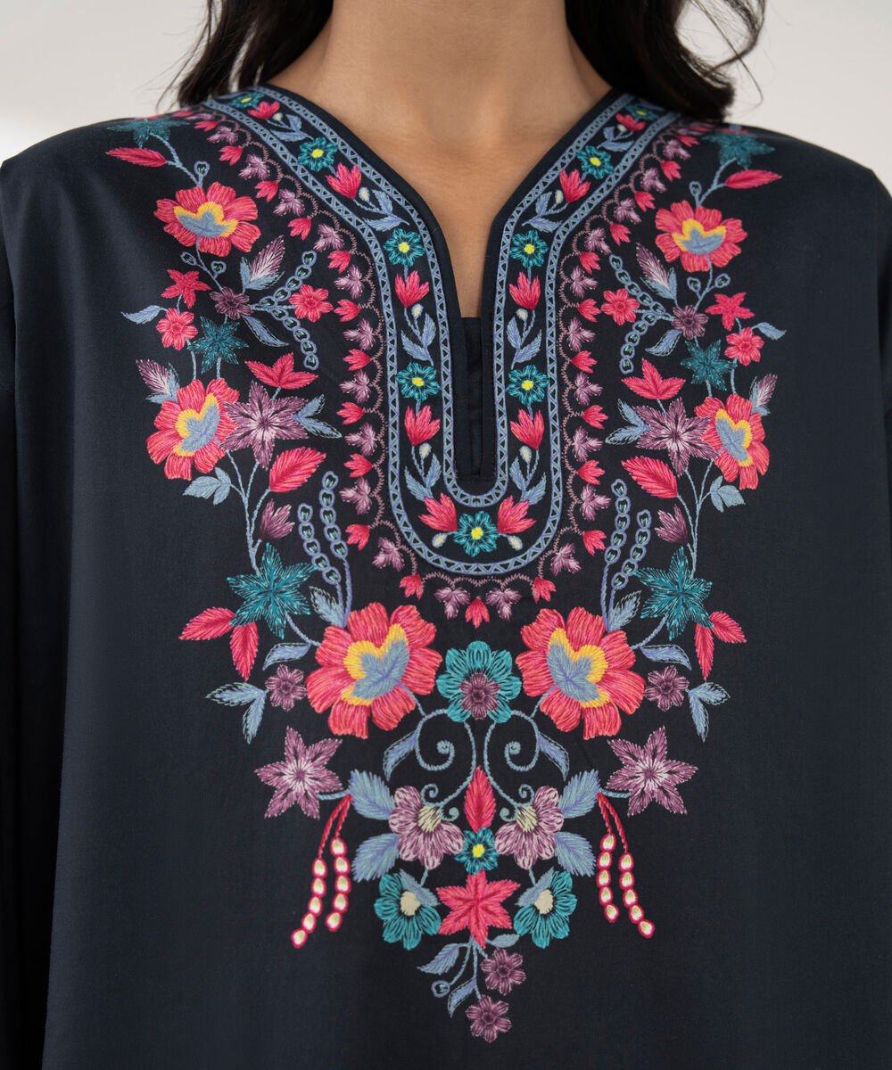 Women's RTW Khaddar Embroidered A-Line Black Shirt
