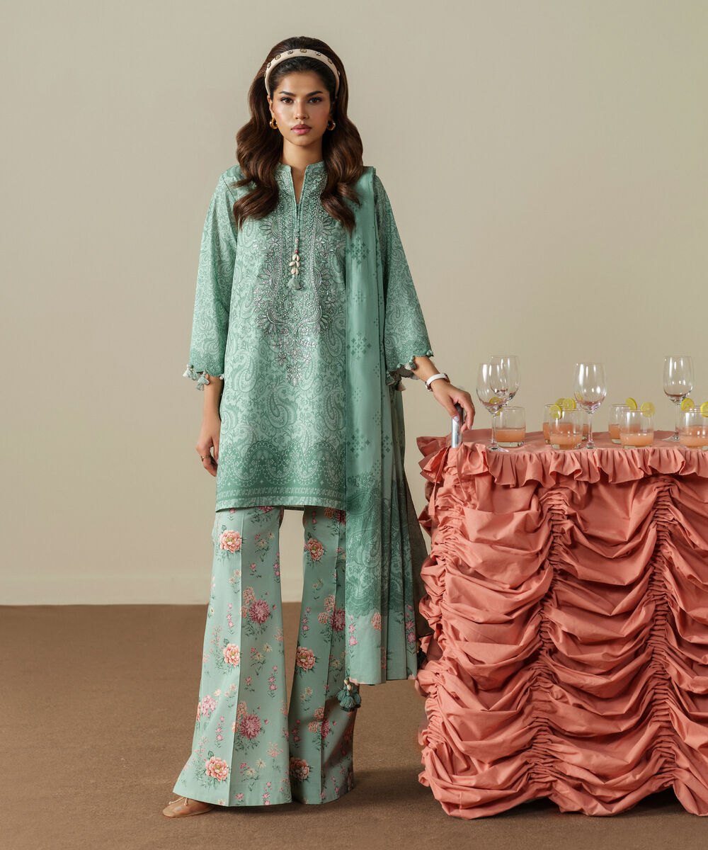 Women's Unstitched Lawn Embroidered Aqua Green 3 Piece Suit