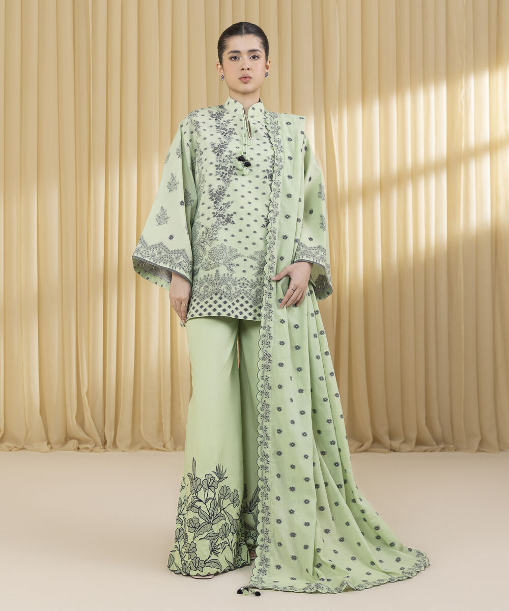 Unstitched Women's Green Extra Weft Jacquard 3 Piece Suit