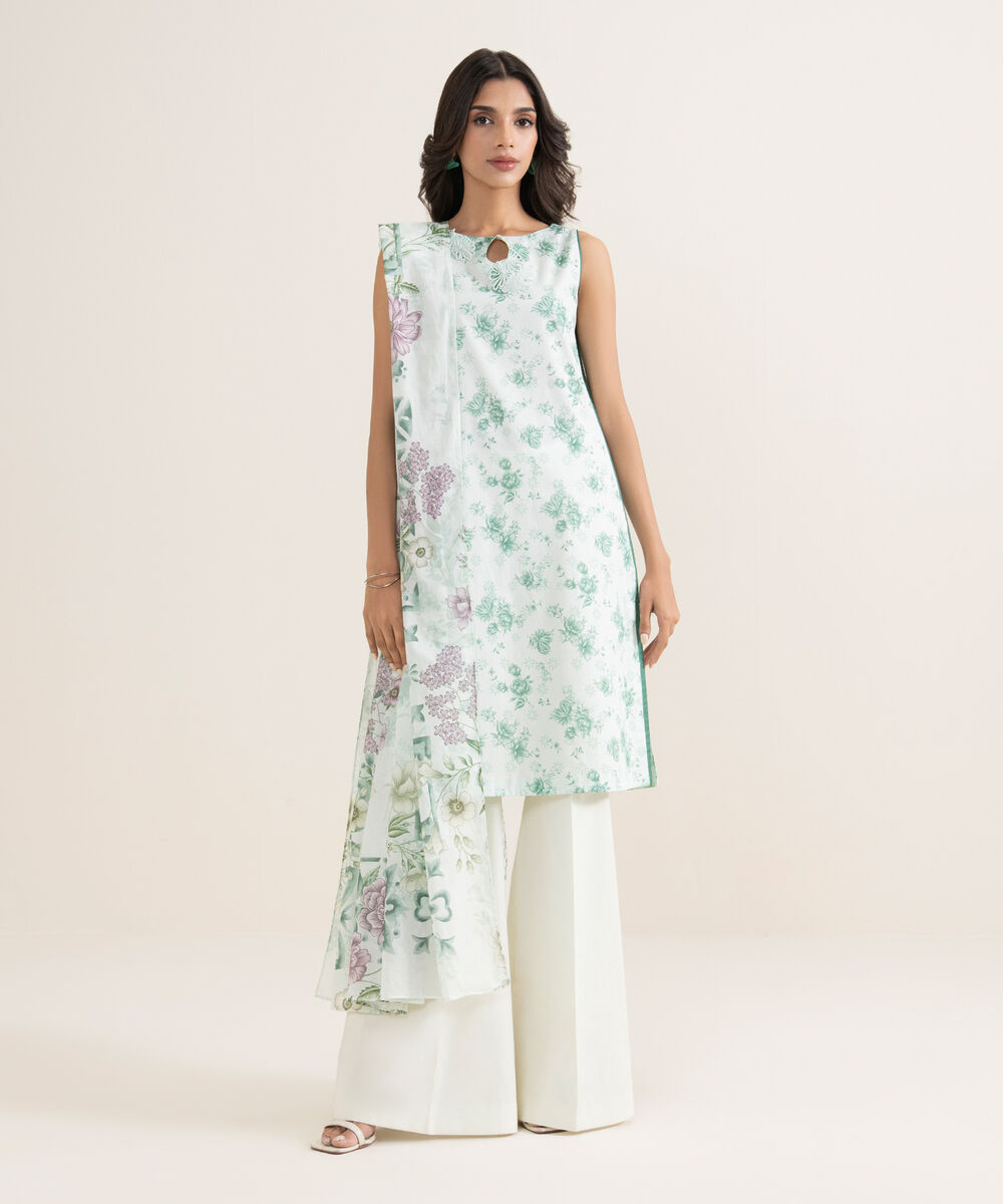 Women's Unstitched Lawn Printed Green 3 Piece Suit