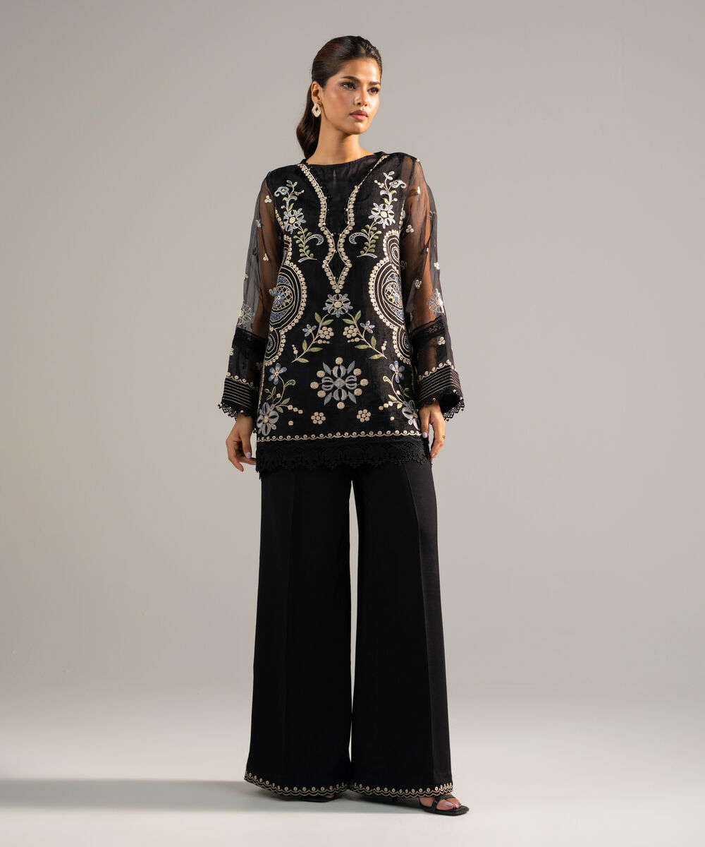 Women's RTW Organza Embroidered Black 2 Piece Suit