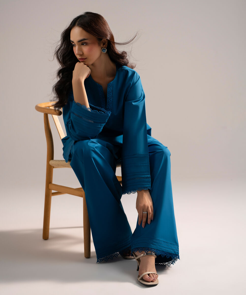 Women's RTW Poplin Solid Dark Blue Straight Shirt