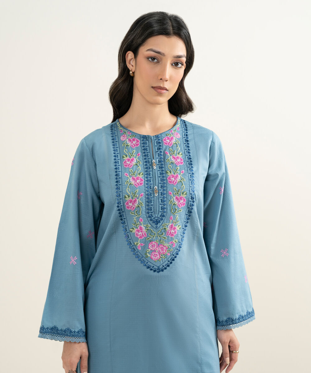 Women's RTW Dobby Embroidered Blue A-Line Shirt