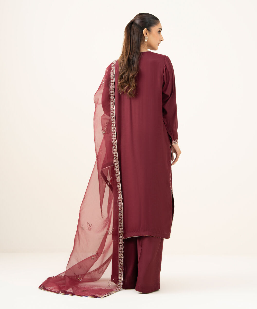 Women's RTW Viscose Raw Silk Maroon Dyed Three Piece