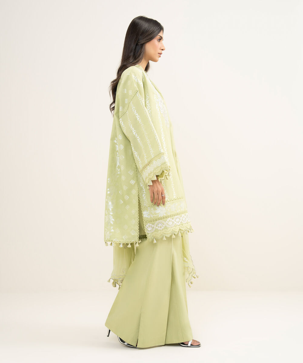 Women's Unstitched Extra Weft Jacquard Embroidered Green 3 Piece Suit