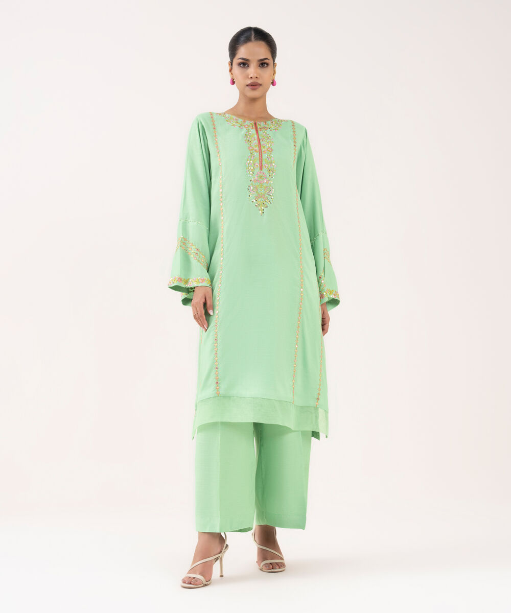 Women's RTW Viscose Raw Silk Mint Green Embroidered 2 Piece Suit