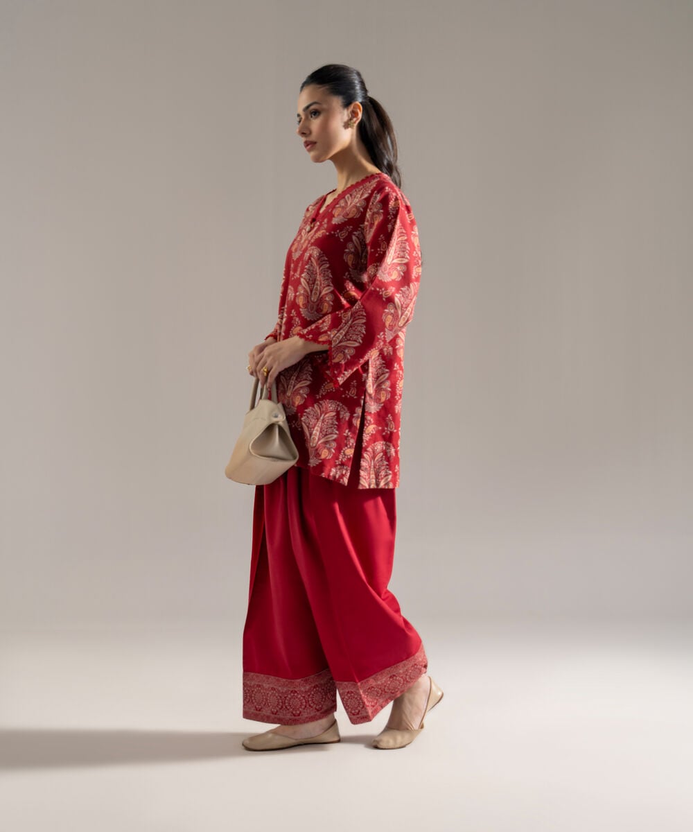 Women's RTW Khaddar Printed Maroon 2 Piece Suit