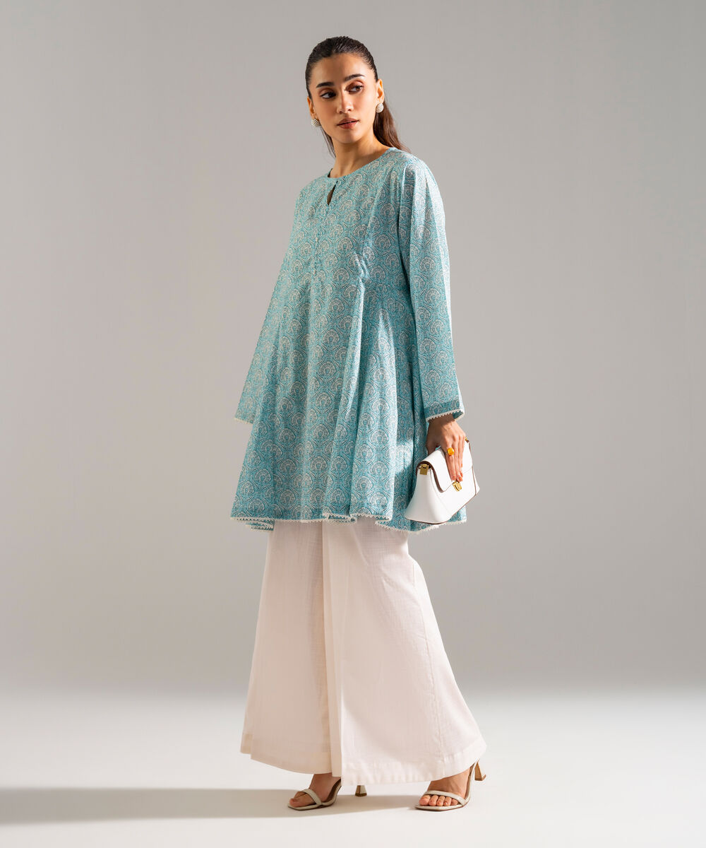 Women's RTW Slub Lawn Printed Blue A-Line Shirt